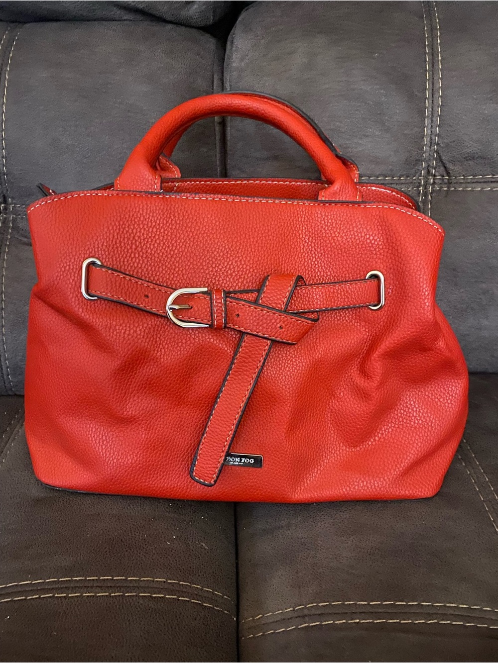 London Fog Red Leather Satchel with Buckle Detail